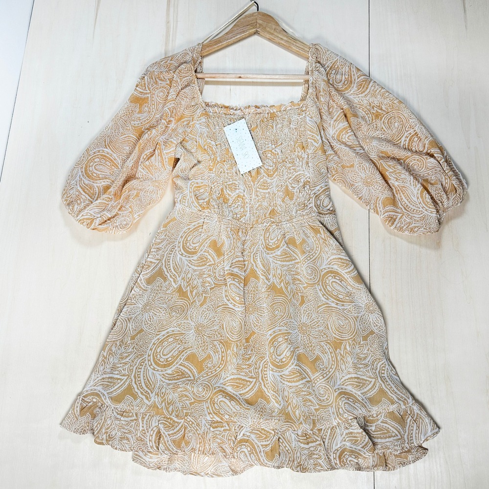 NWT - Sienna Sky Sundress  Beige White Flowers‎ Balloon Sleeve Dress Women's S